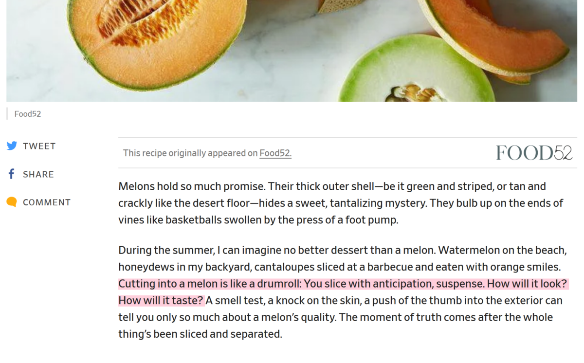 Slate article clipping, copy about melons have so much promise, but you won't know until you slice it.